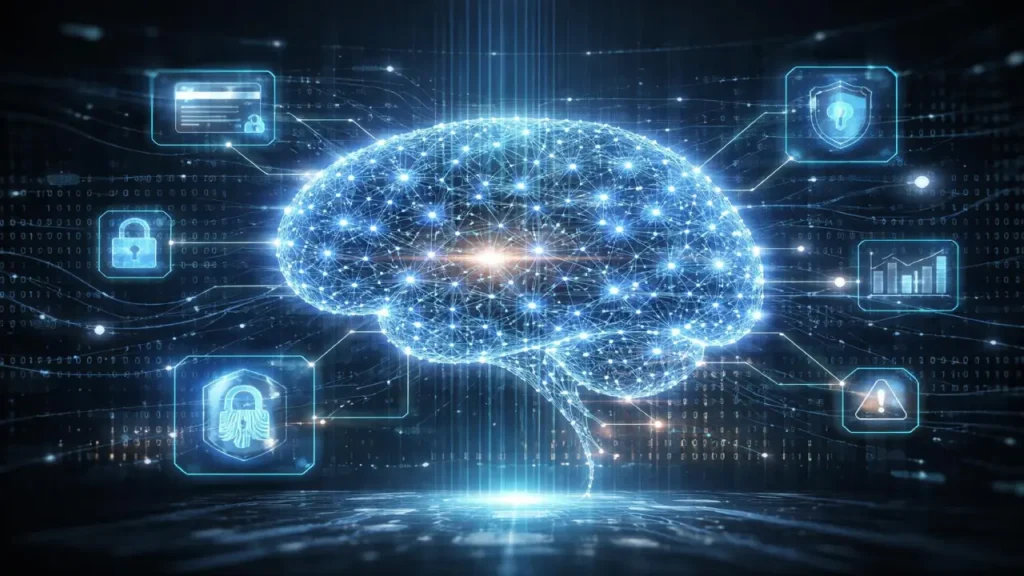 Digital brain representing artificial intelligence analyzing data for fraud detection with cybersecurity icons, encryption, and network connections in online systems