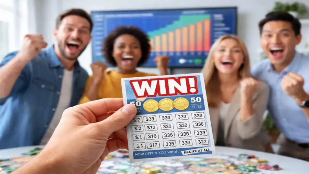 Group of people celebrating a win while holding a winning ticket, representing hit frequency and how often players win in casino or betting games