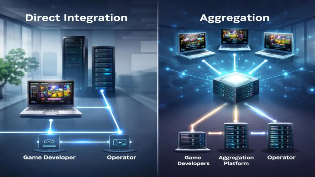 Diagram comparing direct integration and aggregation models in online casino platforms showing connection between game developers, servers, and operators