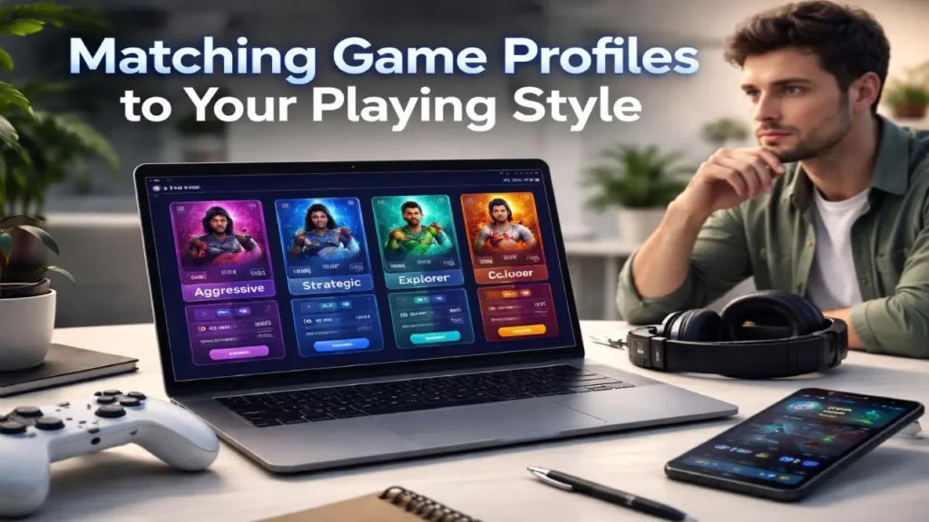 Man analyzing different gaming profiles on laptop including aggressive, strategic, and explorer styles to choose the best casino games based on playing strategy