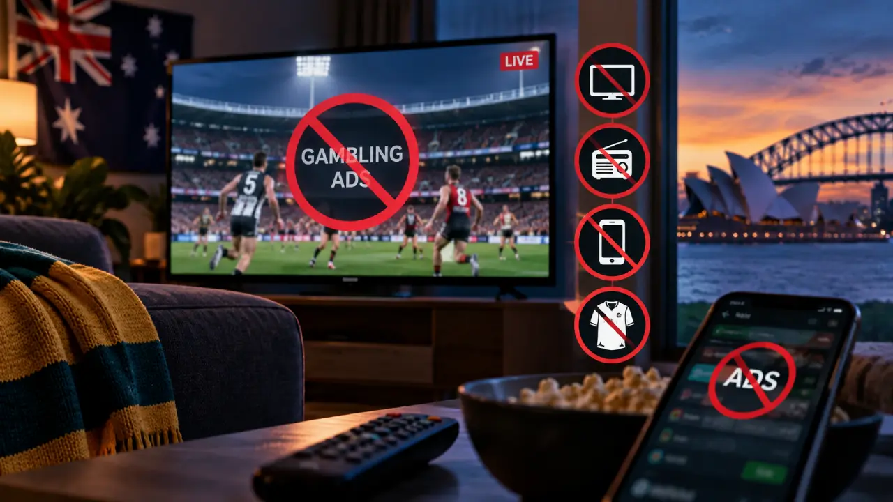 Australia's New Gambling Laws: What Changes for Online Players in 2027? Australian gambling advertising restrictions in 2027 illustrated with a live sports broadcast, blocked betting ads across TV, radio and mobile, and Sydney landmarks.