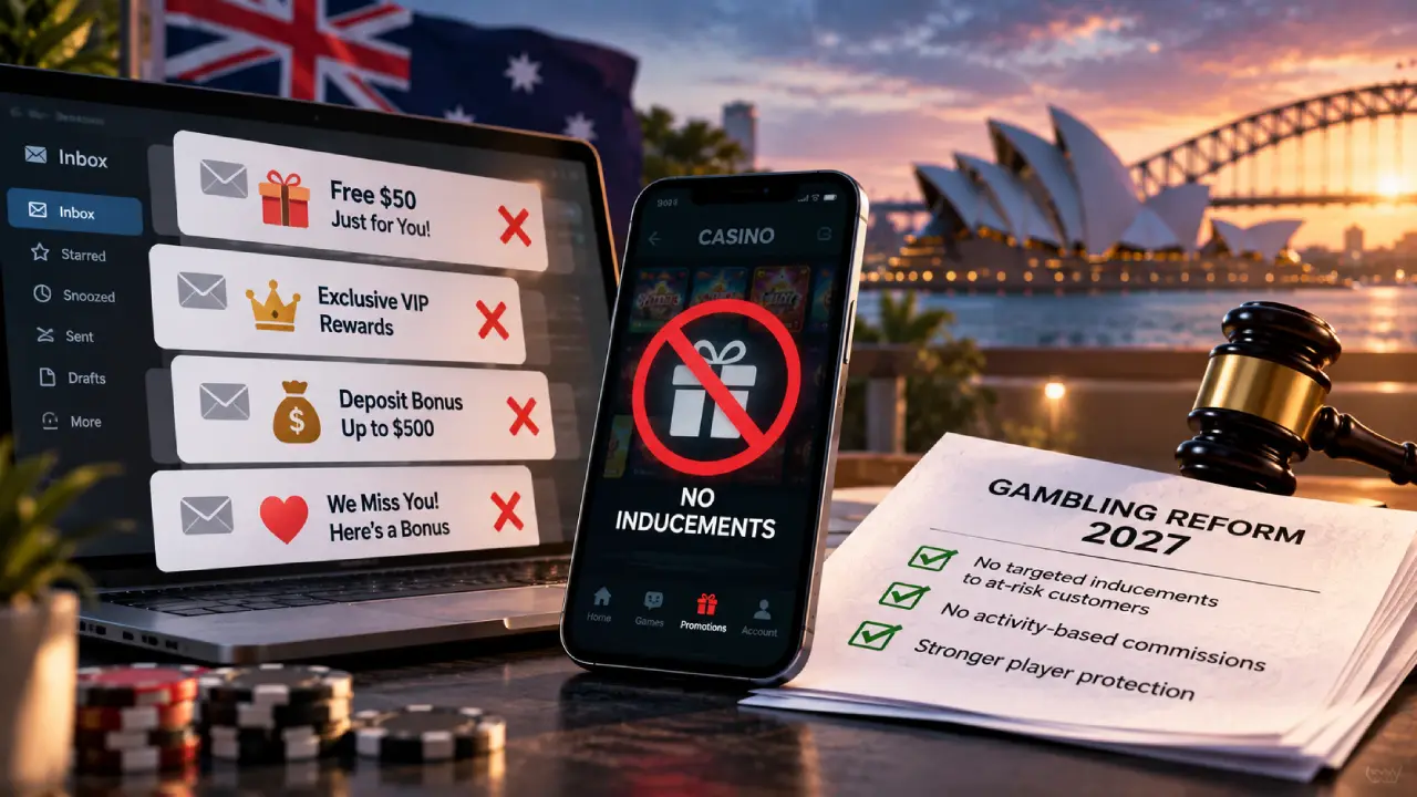 Australia's New Gambling Laws: What Changes for Online Players in 2027? Australian gambling reforms in 2027 illustrated with blocked bonus emails, restricted inducements, an online casino app, legal gavel, and Sydney landmarks.