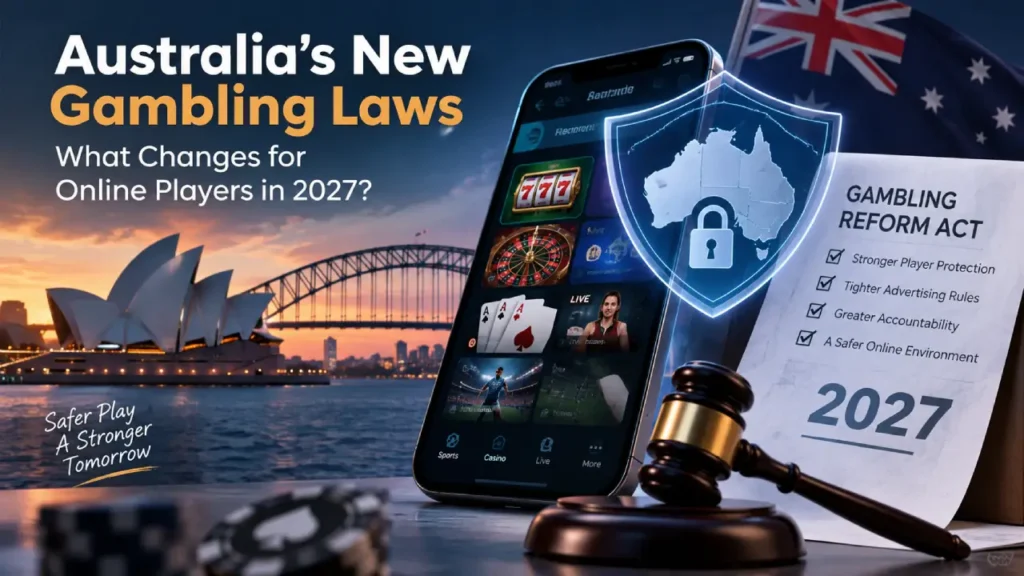 Australia's New Gambling Laws: What Changes for Online Players in 2027? Australia's new gambling laws in 2027 illustrated with an online casino app, player protection shield, legal gavel, and Sydney landmarks.