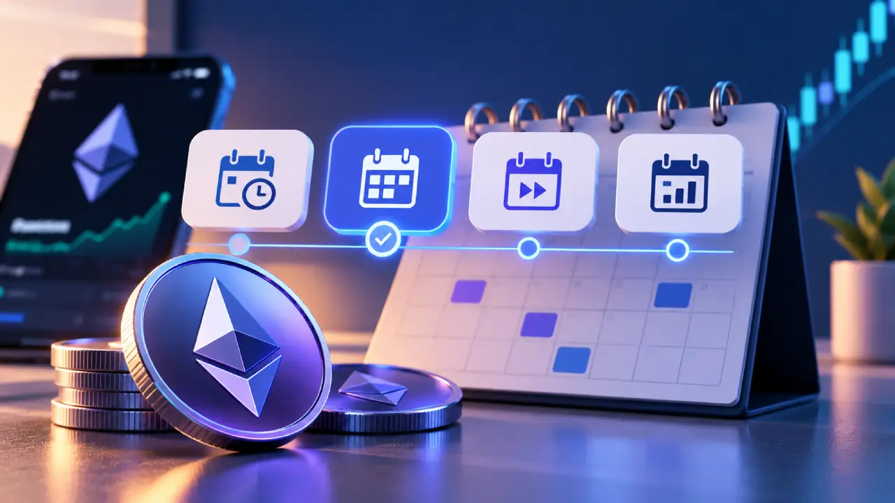 Recurring ETH Purchases on Binance.us: How Scheduled Buys Work Ethereum coins beside a digital calendar illustrating daily, weekly, biweekly, and monthly recurring ETH purchase schedules.
