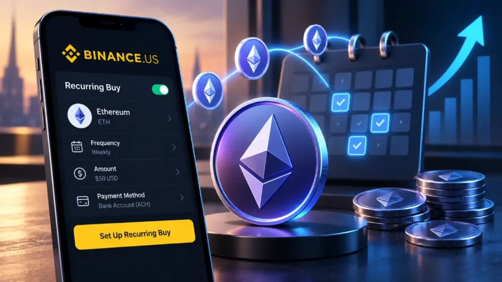 Recurring ETH Purchases on Binance.us: How Scheduled Buys Work Binance.US recurring ETH purchase setup showing weekly scheduled Ethereum buys, payment method, calendar, and ETH coins.