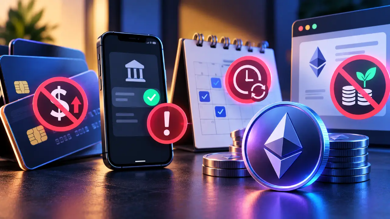 Recurring ETH Purchases on Binance.us: How Scheduled Buys Work Ethereum recurring purchase mistakes illustrated with debit card fees, payment warnings, scheduled buy reminders, and staking confusion.