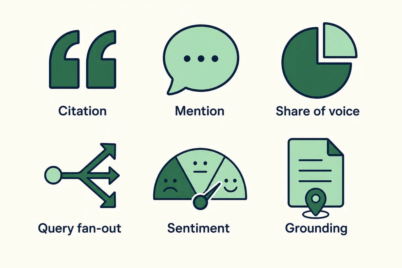 Labelled icons for citation, mention, sentiment and other generative search terms